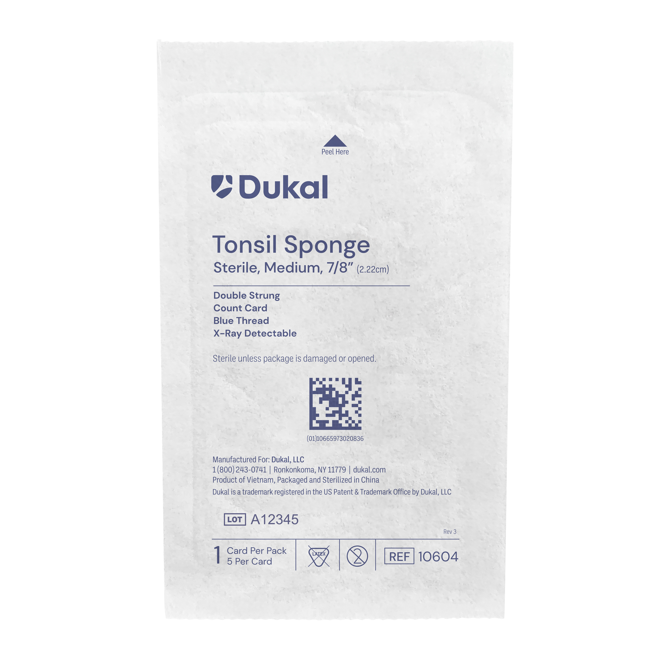 Sterile X-Ray Detectable Tonsil Sponges with Count Card, Medium, 7/8