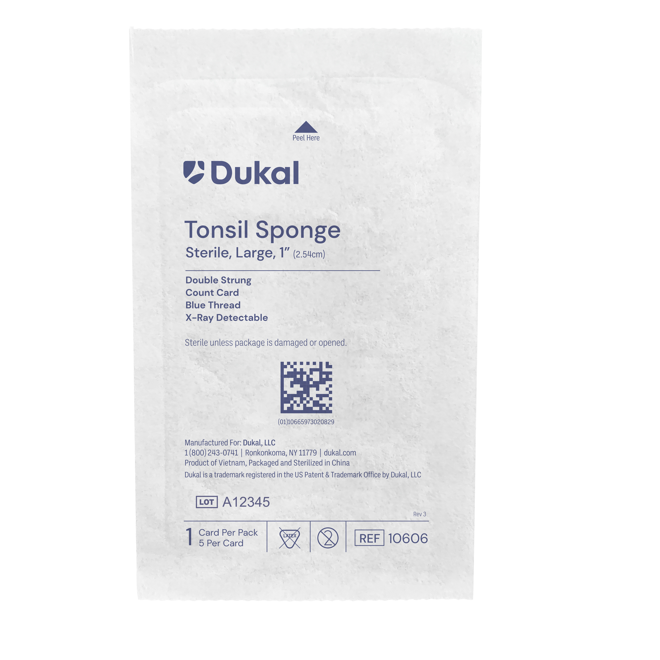 Sterile X-Ray Detectable Tonsil Sponges with Count Card, Large, 1