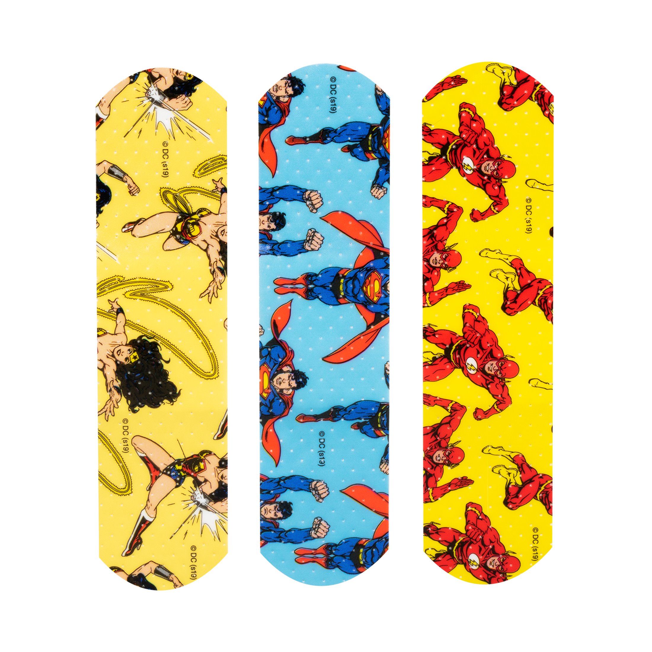 Sterile Justice League™ Superman, Wonder Woman, The Flash Adhesive Bandages with Stat Strip®, 3/4