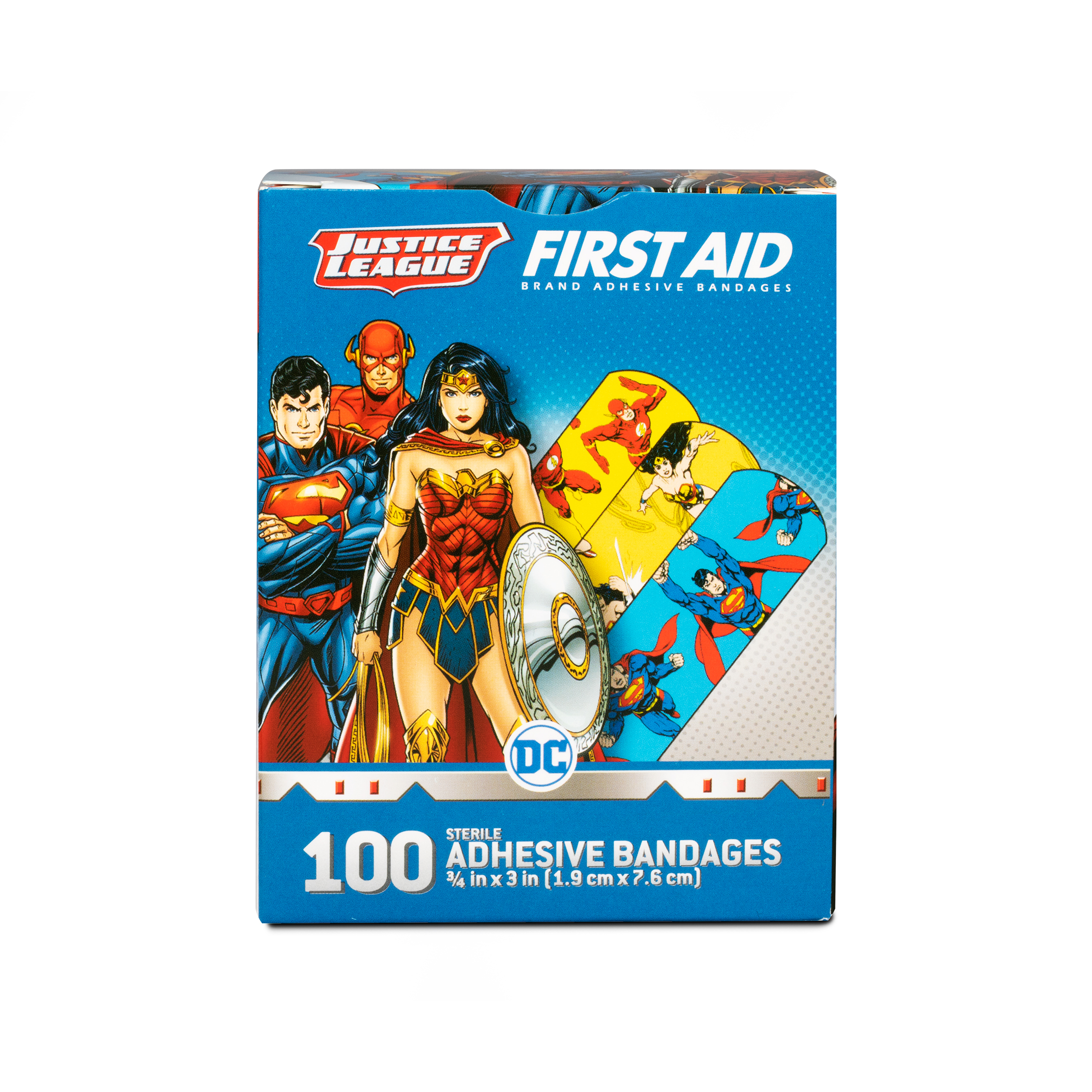 Sterile Justice League™ Superman, Wonder Woman, The Flash Adhesive Bandages with Stat Strip®, 3/4