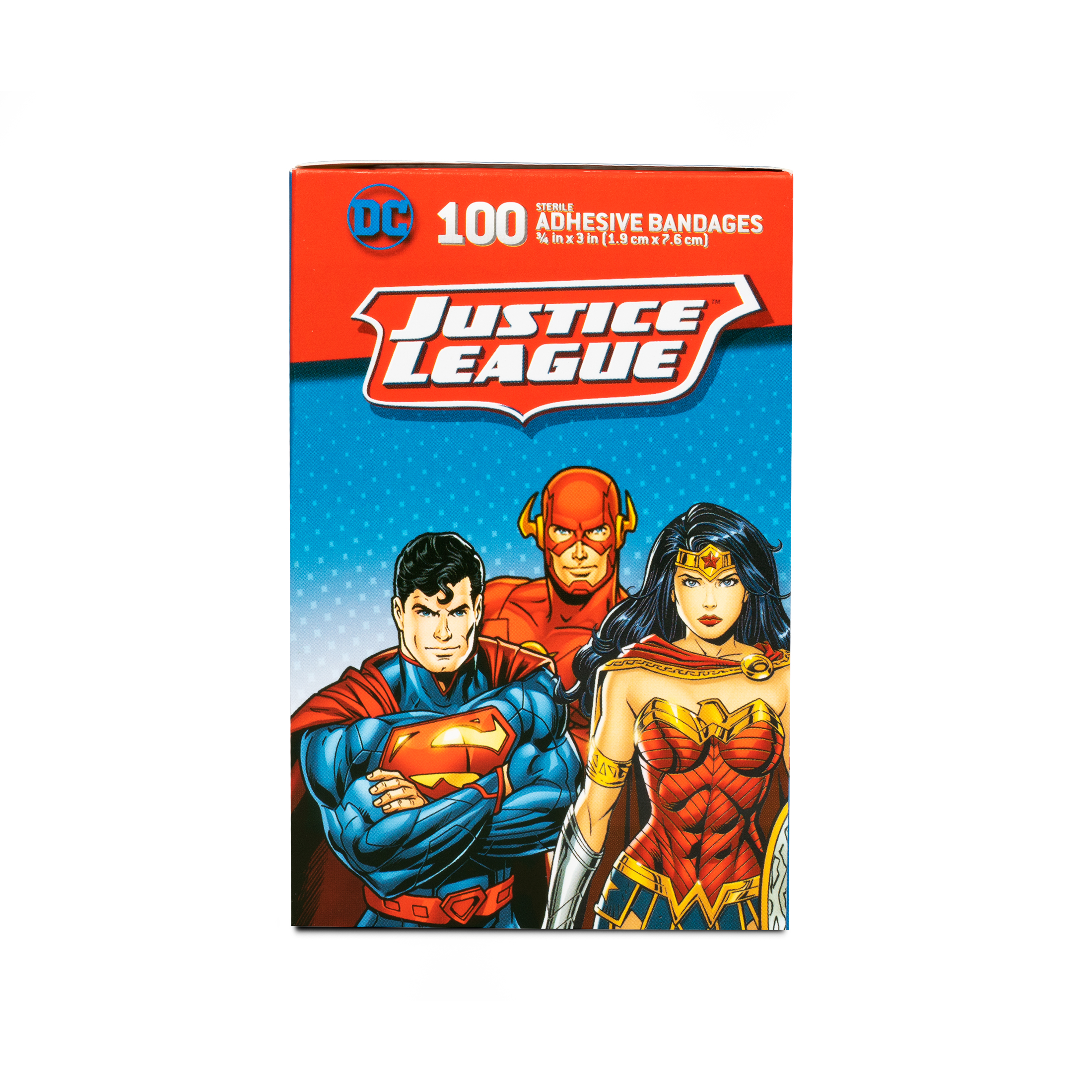 Sterile Justice League™ Superman, Wonder Woman, The Flash Adhesive Bandages with Stat Strip®, 3/4