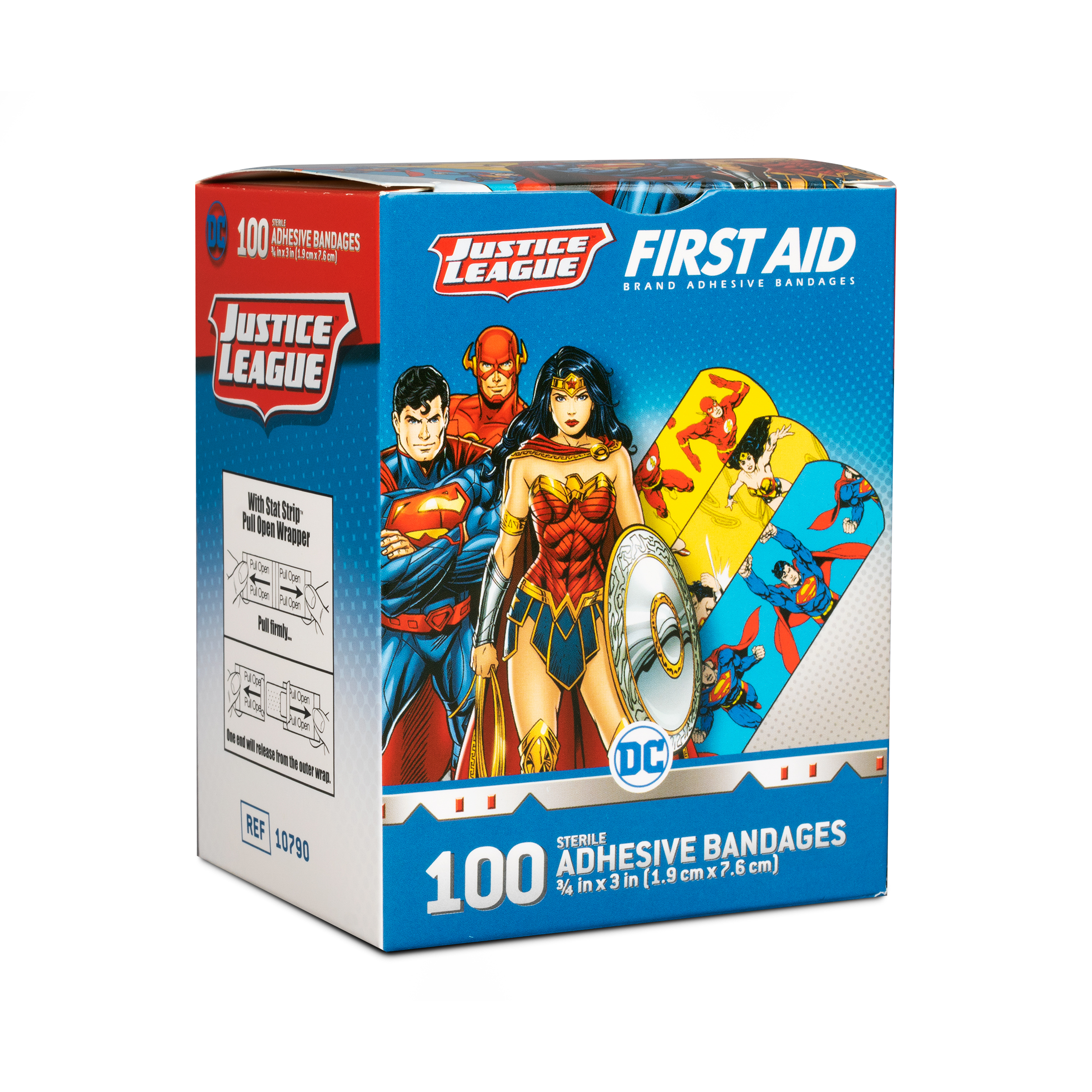 Sterile Justice League™ Superman, Wonder Woman, The Flash Adhesive Bandages with Stat Strip®, 3/4