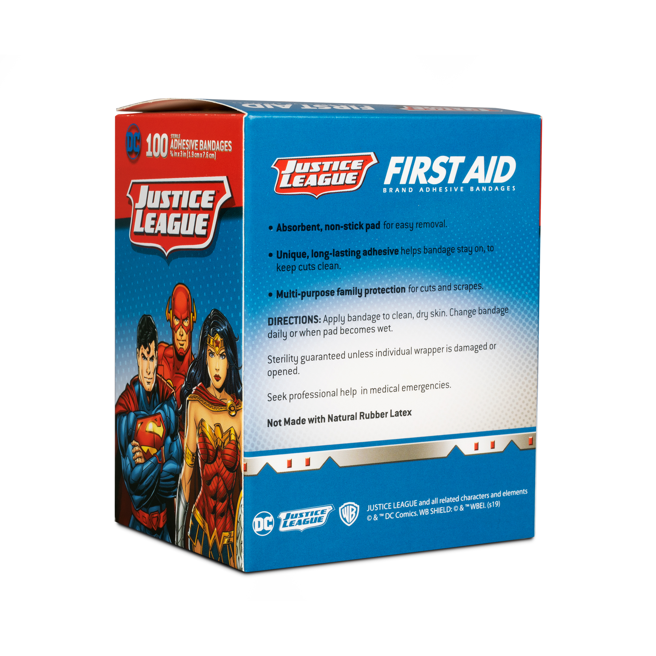 Sterile Justice League™ Superman, Wonder Woman, The Flash Adhesive Bandages with Stat Strip®, 3/4