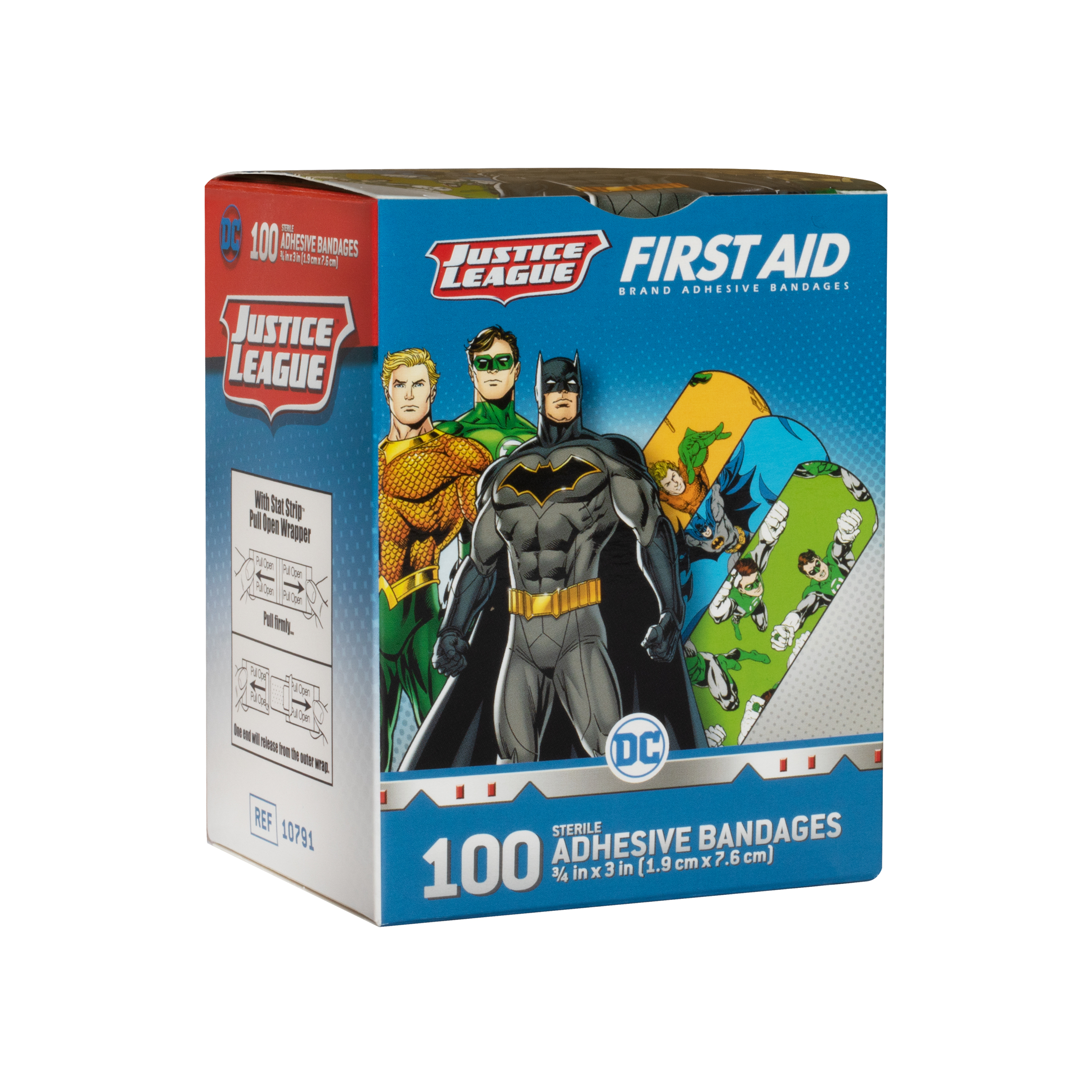 Sterile Justice League™ Batman, Aquaman, Green Lantern Adhesive Bandages with Stat Strip®, 3/4