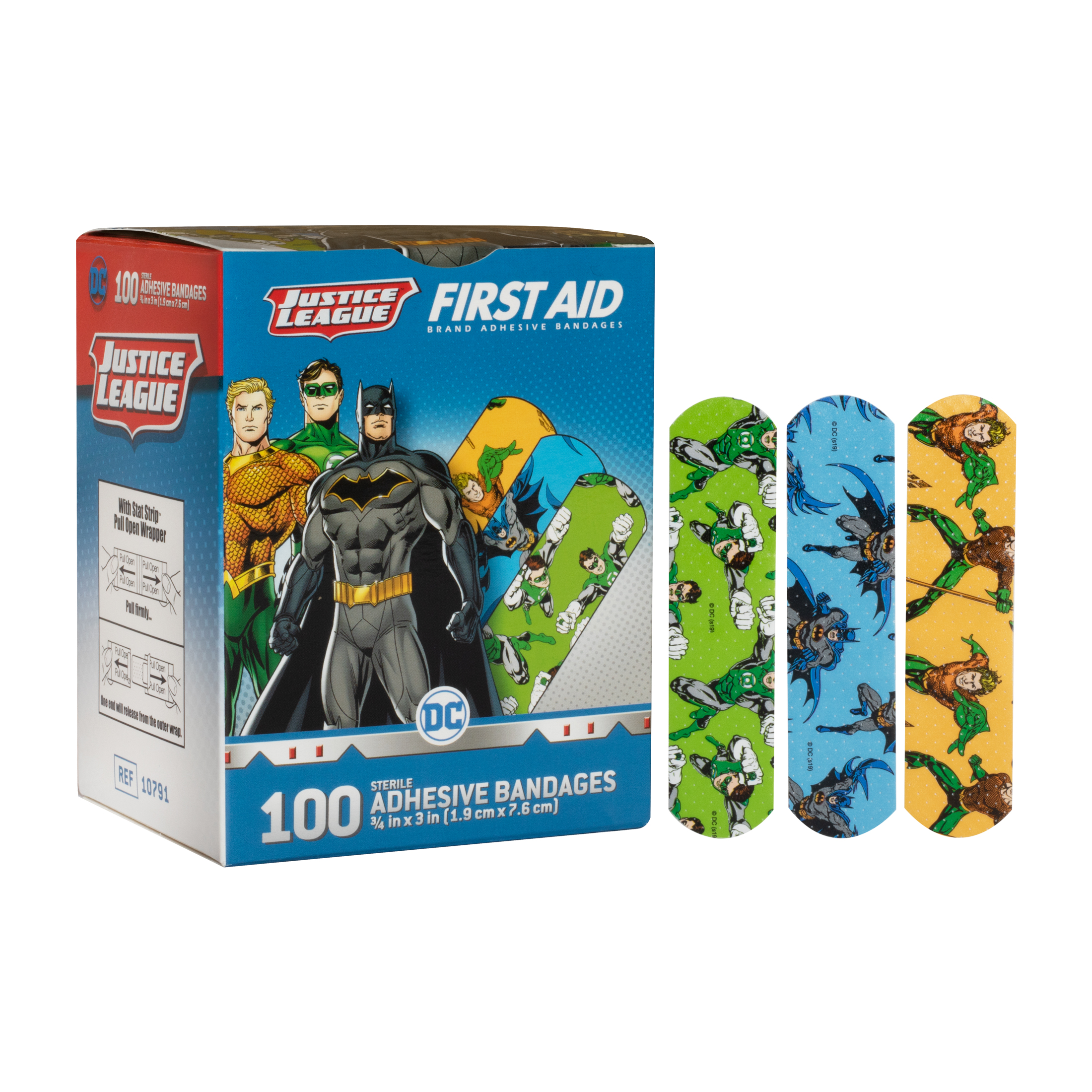 Sterile Justice League™ Batman, Aquaman, Green Lantern Adhesive Bandages with Stat Strip®, 3/4
