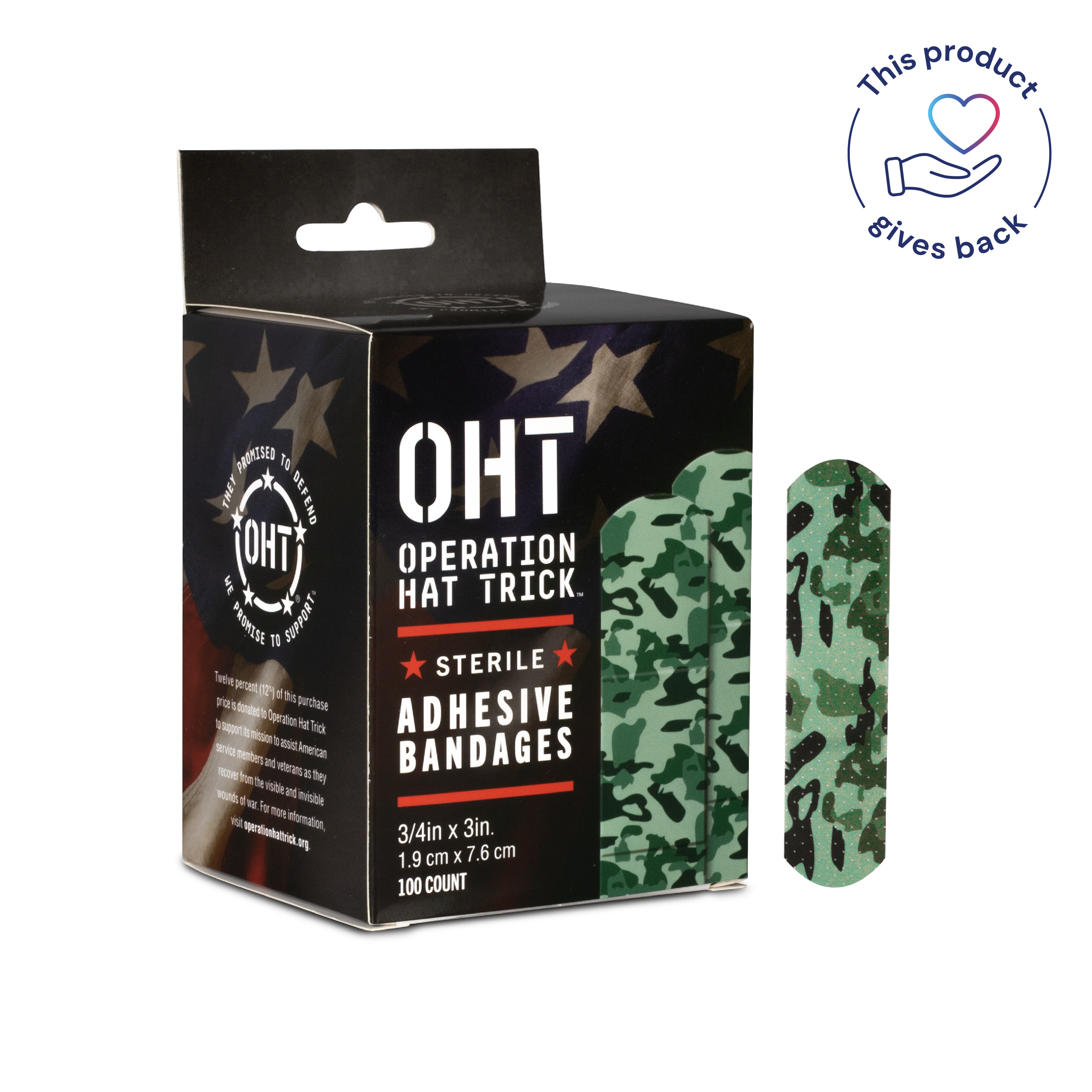 Sterile Operation Hat Trick™ Camouflage Adhesive Bandages with Stat Strip®, 3/4