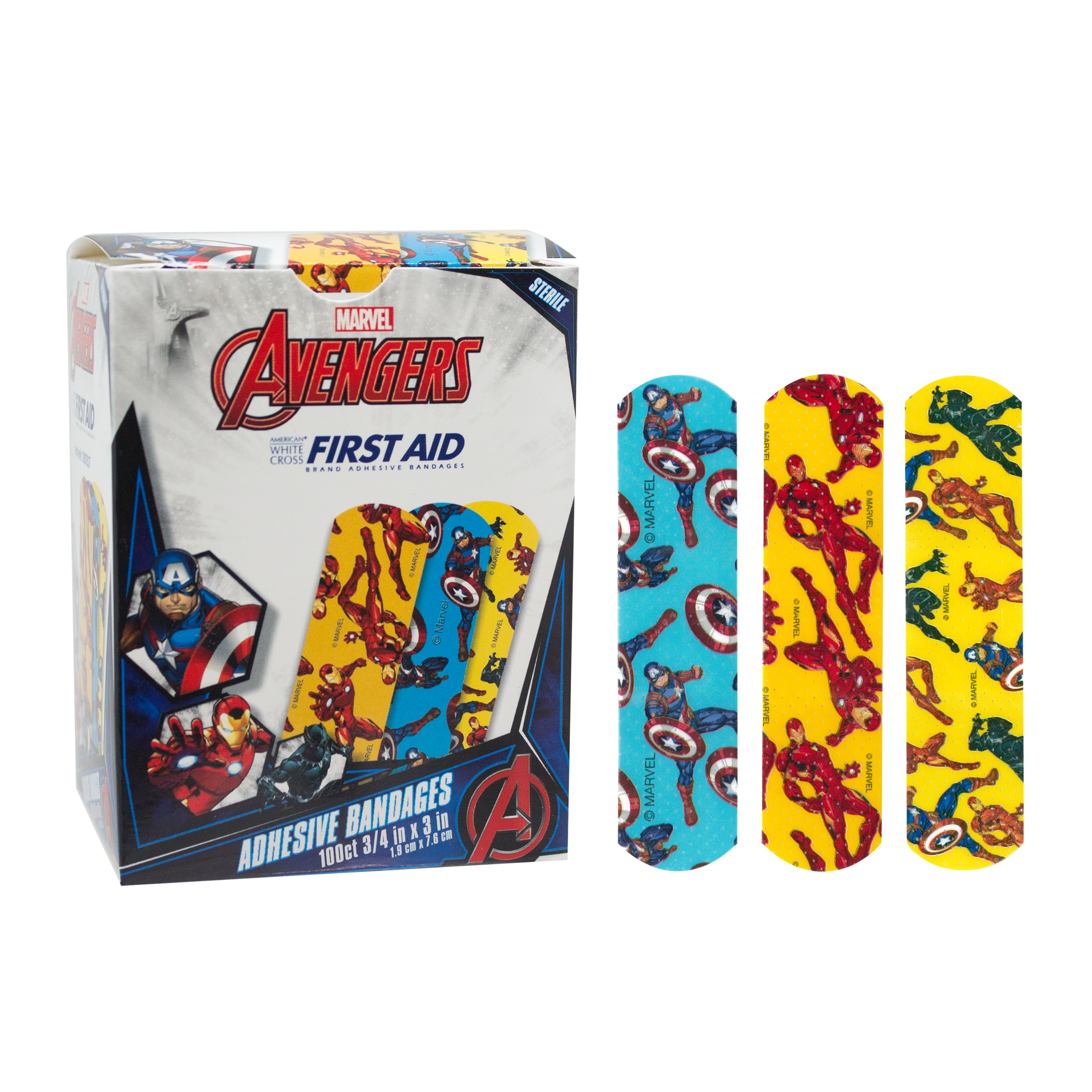 Sterile Avengers™ Captain America, Iron Man, Black Panther Adhesive Bandages with Stat Strip®, 3/4