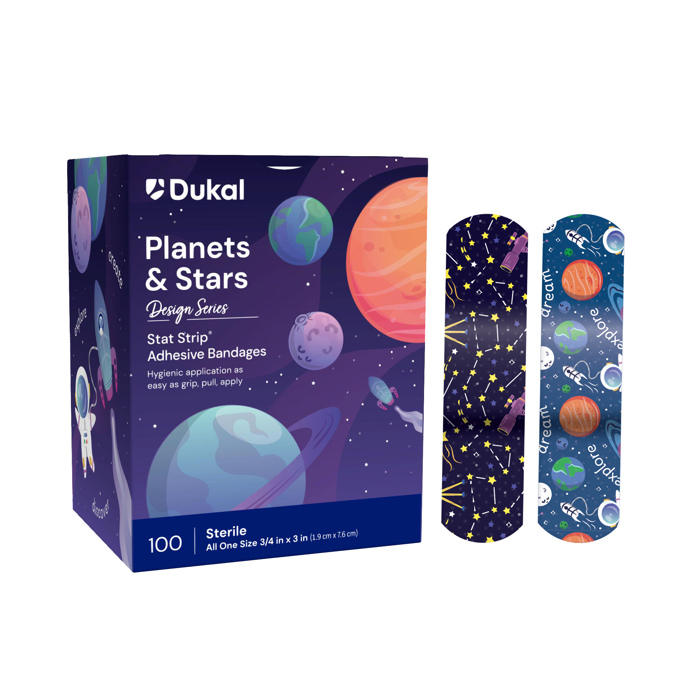 Sterile Design Series Planet and Stars Adhesive Bandages with Stat Strip®, 3/4