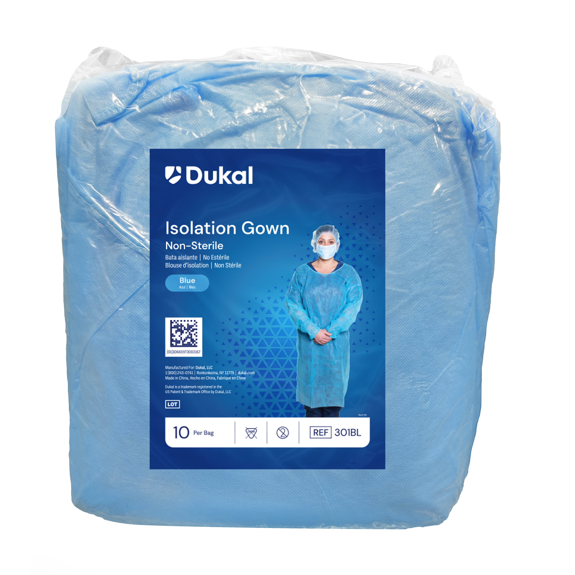 Isolation Gown with Neck Tie and Elastic Cuff, One Size, Blue