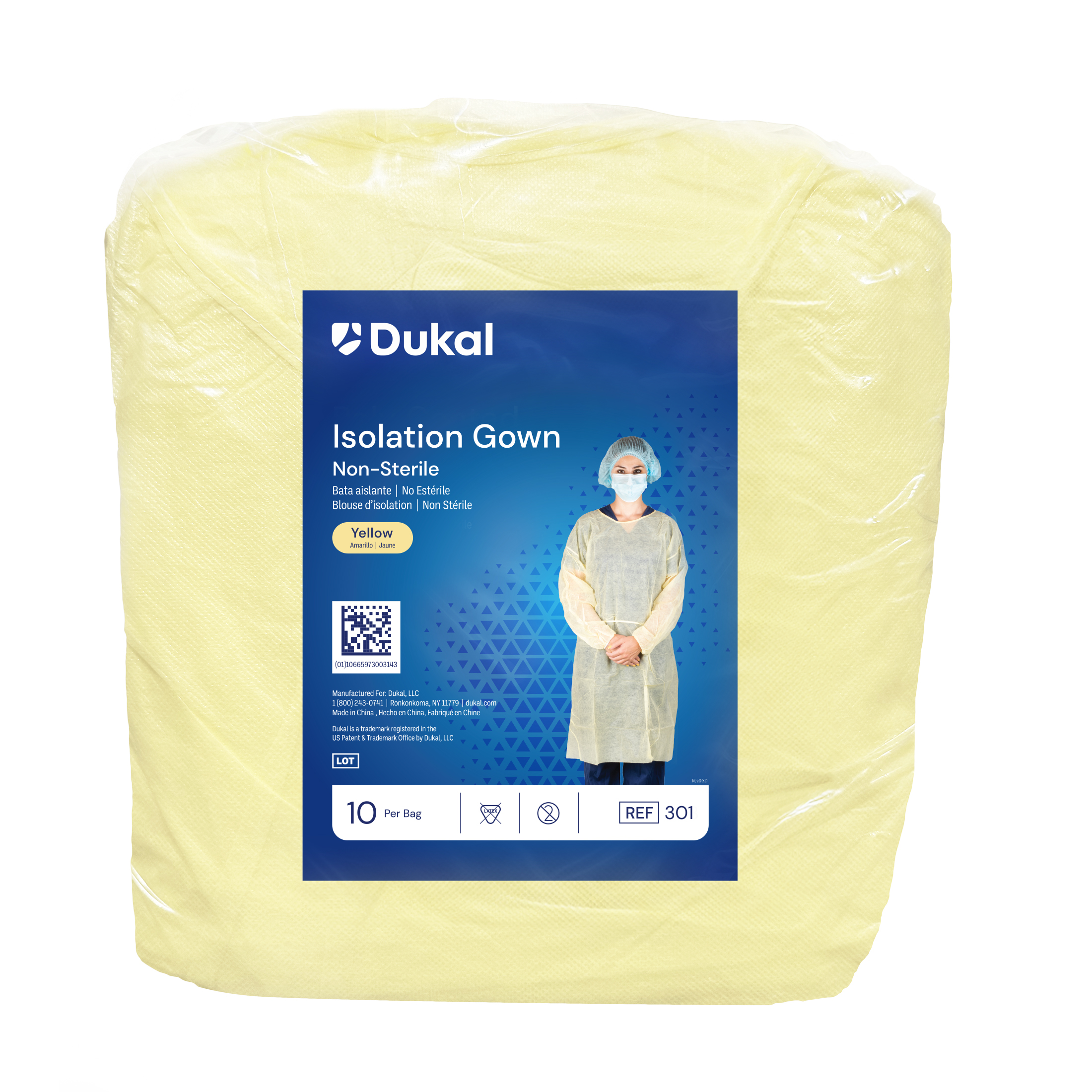 Isolation Gown with Neck Tie and Elastic Cuff, One Size, Yellow
