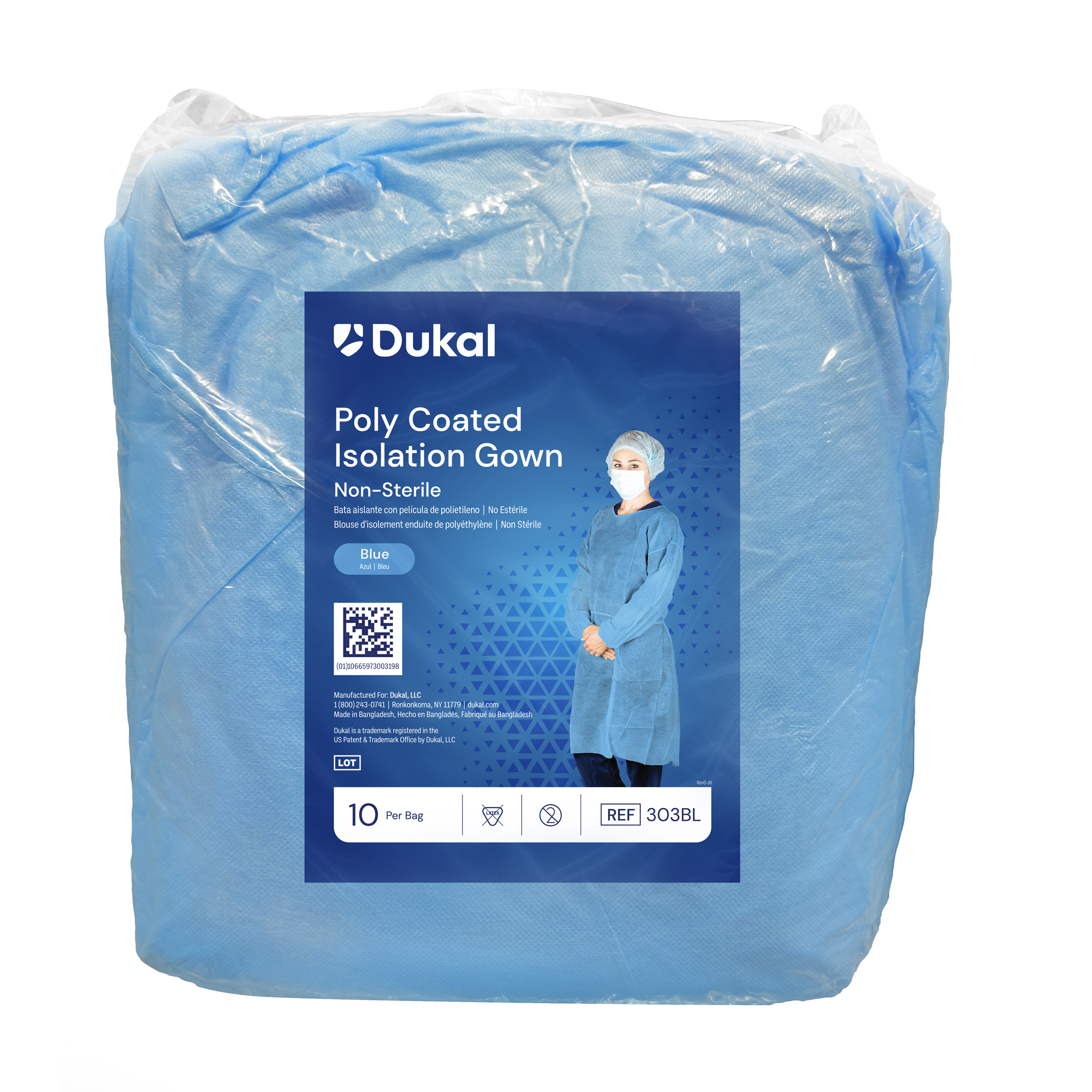 Poly-Coated Isolation Gown with Neck Tie and Elastic Cuff, One Size, Blue