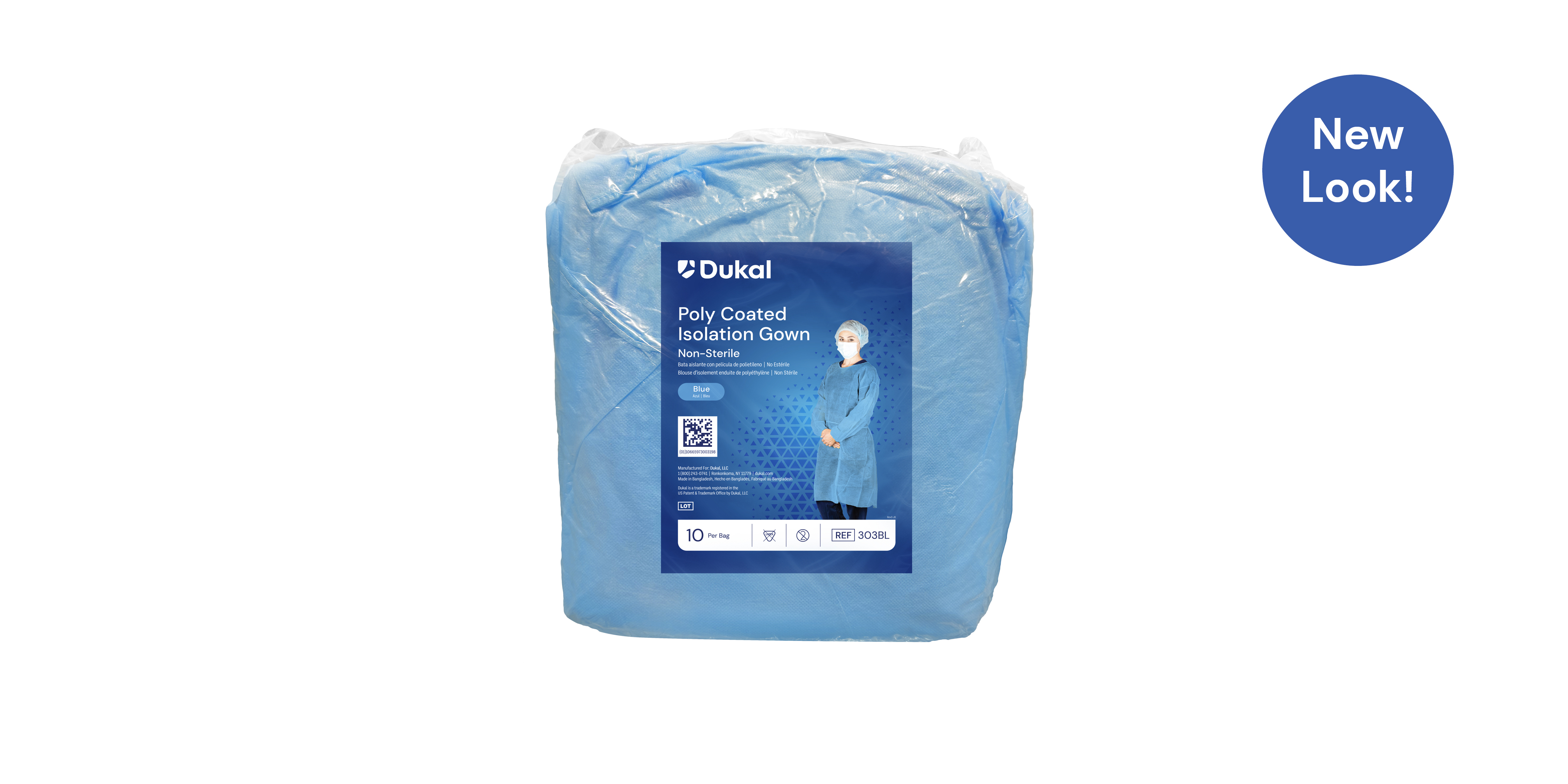 Poly-Coated Isolation Gown with Neck Tie and Elastic Cuff, One Size, Blue