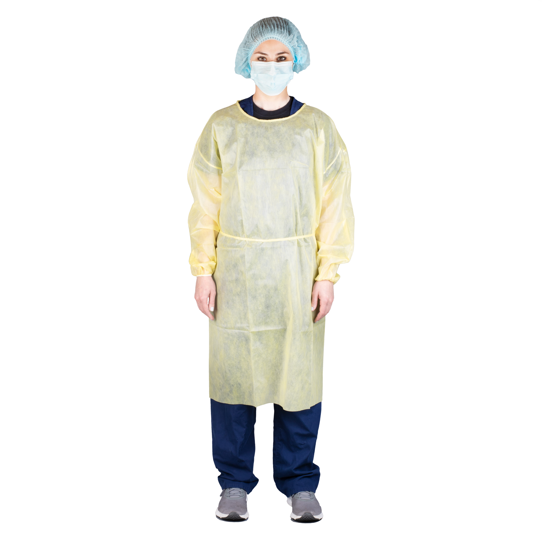 Multi-Layer Isolation Gown with Neck Tie and Elastic Cuff, One Size, Yellow