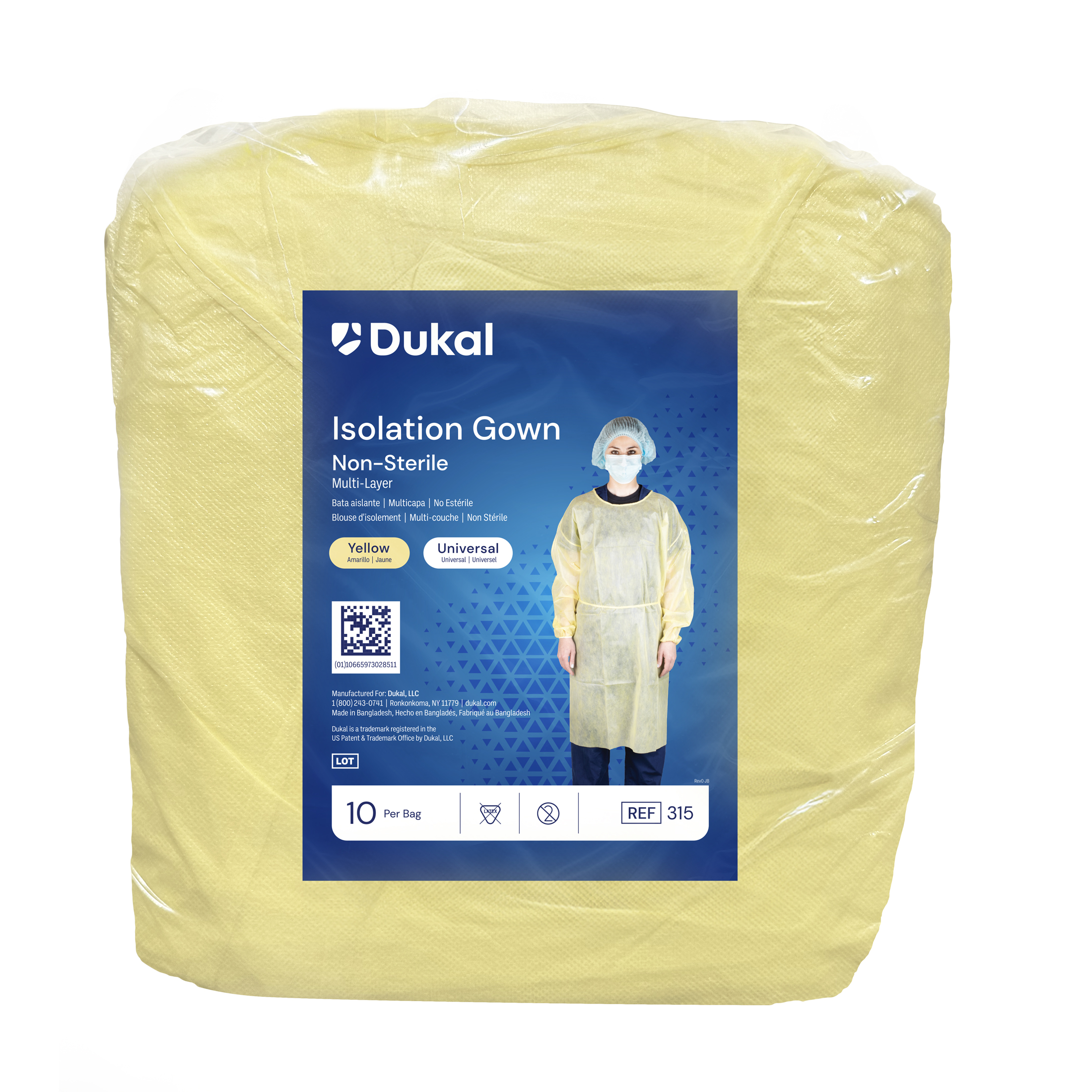 Multi-Layer Isolation Gown with Neck Tie and Elastic Cuff, One Size, Yellow