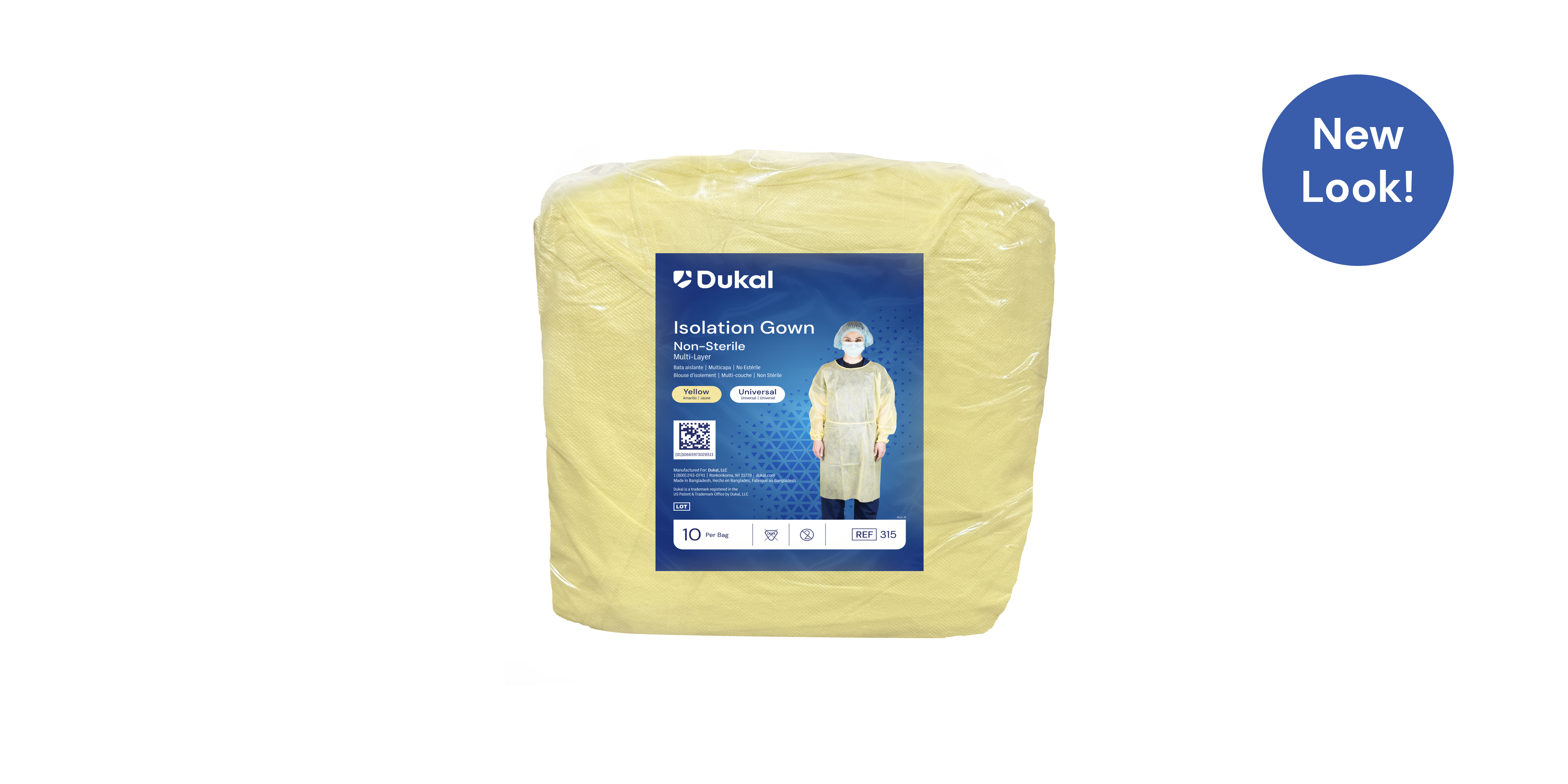Multi-Layer Isolation Gown with Neck Tie and Elastic Cuff, One Size, Yellow