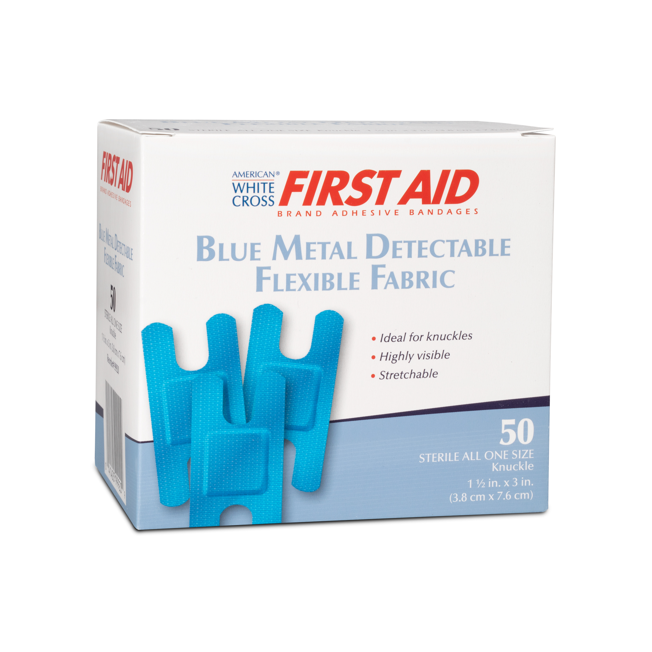 Metal Detectable Fabric Adhesive Bandages Knuckleband 1-1/2 x 3, Blue